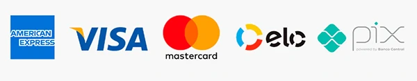 Formas de pagamento: American Express, Visa, Mastercard, Elo e Pix